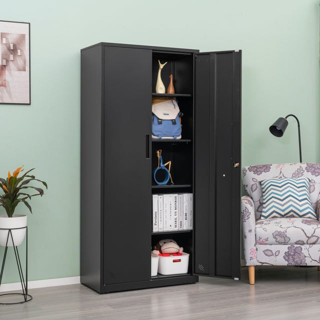 High Storage Cabinet with 2 Doors and 4 Partitions to Separate 5 Storage Spaces, Home/ Office Design