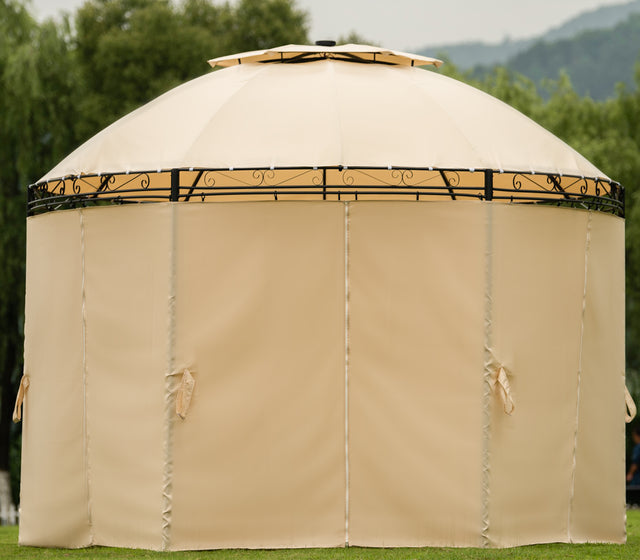 [VIDEO provided] U-style Outdoor Gazebo Steel Fabric Round Soft Top Gazebo，Outdoor Patio Dome Gazebo with Removable Curtains
