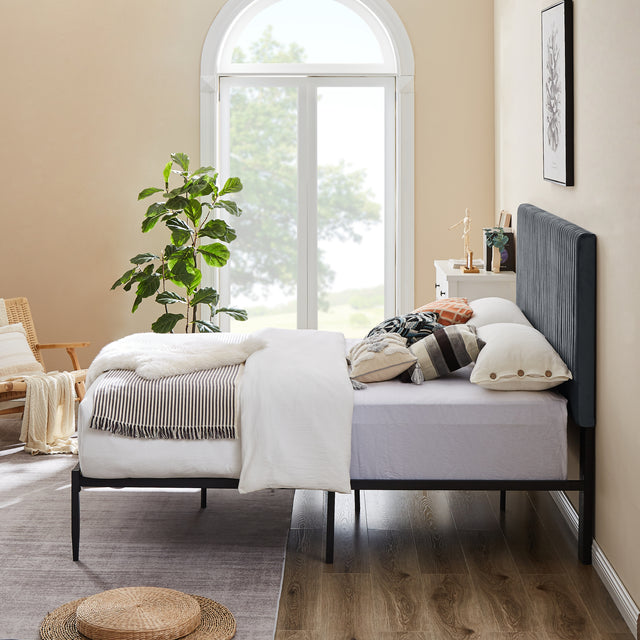 B110 Queen bed Beautiful line stripe cushion headboard  Strong iron frame with high temperature paint