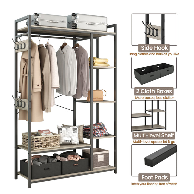 JHX Organized Garment Rack with Storage, Free-Standing Closet System with Open Shelves and Hanging Rod(Grey,45.3’’w x 15.75’’d x 70.08’’h).