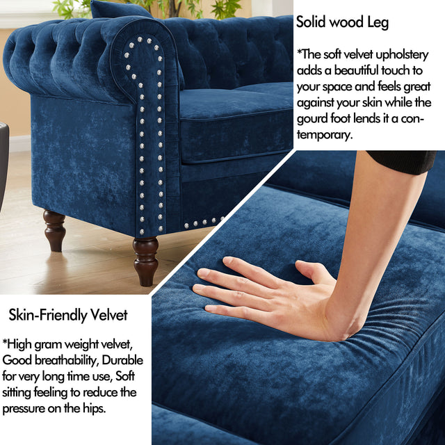 MH 80" Deep Button Tufted Upholstered Roll Arm Luxury Classic Chesterfield L-shaped Sofa 3 Pillows Included, Solid Wood Gourd Legs, Blue velvet