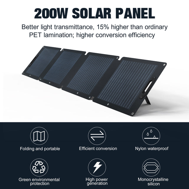 Portable monocrystalline silicon solar panel, black appearance, high light transmittance, 200W, can be connected in series or in parallel, multiple charging modes(For SKA100/SKA1500/SKA2500)