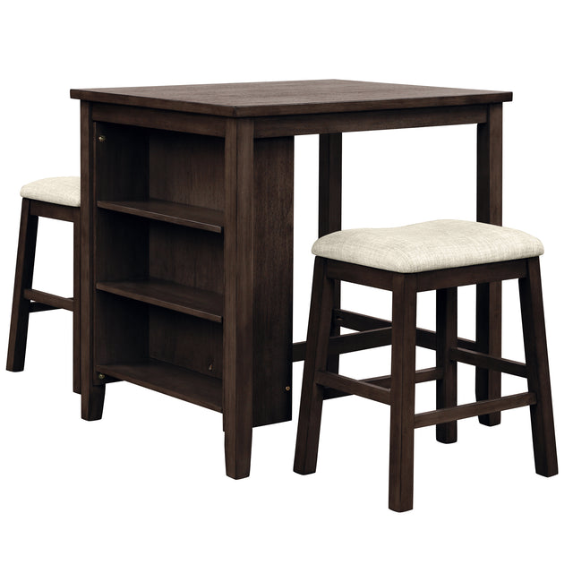TOPMAX 3 Piece Dining Table with Padded Stools, Table Set with Storage Shelf,Brown