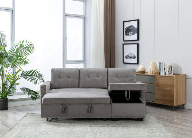 77 Inch Reversible Sectional Storage Sleeper Sofa Bed , L-Shape 2 Seat Sectional Chaise With Storage , Skin-Feeling Velvet Fabric ,Light Grey Color For Living Room Furniture