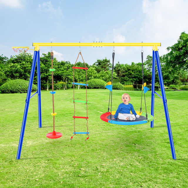 4 in 1 Outdoor Toddler Saucer Swing Set for Backyard, Playground Tree Swing Sets with Steel Frames, Climbing Rope with Disc Tree Swing Playset and Basketball Hoop for Kids