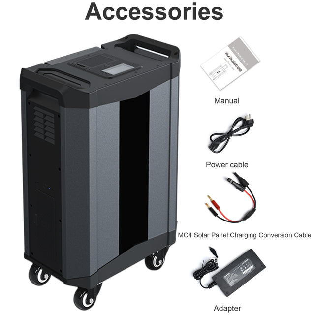 2515Wh portable power station for outdoor travel, home backup power, 3 x AC120V output, 2000W stable output power, 4000W peak power, LCD display, 3 x USB, 3 x DC5521, including a 200W/60V solar panel