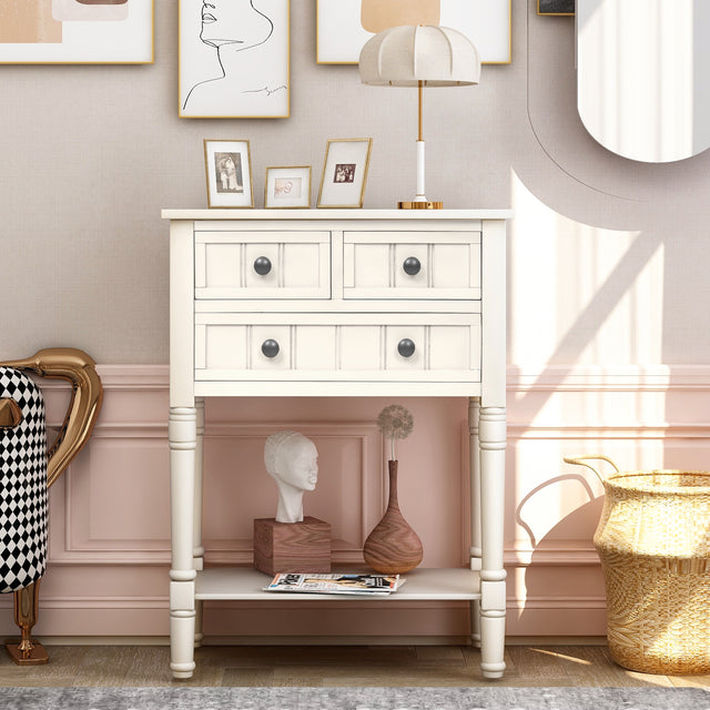TREXM Narrow Console Table, Slim Sofa Table with Three Storage Drawers and Bottom Shelf (Ivory White)