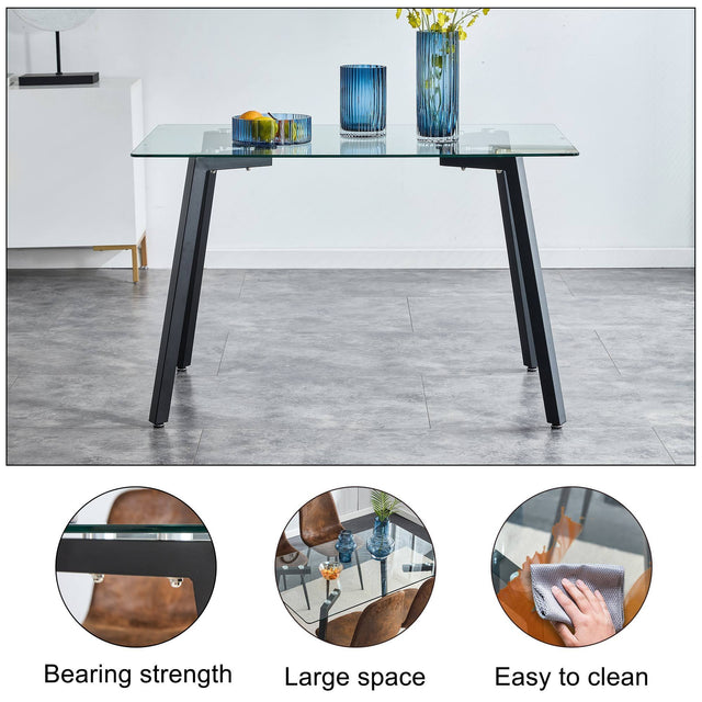 Glass Dining Table and Brown Dining Chair 4-Piece Set  Rectangular 0.31" Tempered Glass Tabletop and Black Coating Metal Dining Table size 47" W x 31"D x 30" H