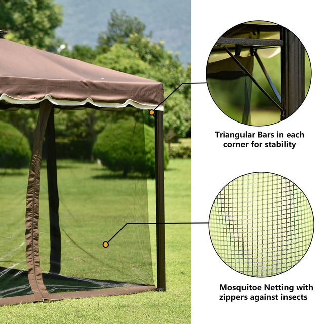 TOPMAX 9.8Ft. Wx9.8Ft.L Outdoor Iron Vented Dome Top Patio Gazebo with Netting for Backyard, Poolside and Deck, Brown