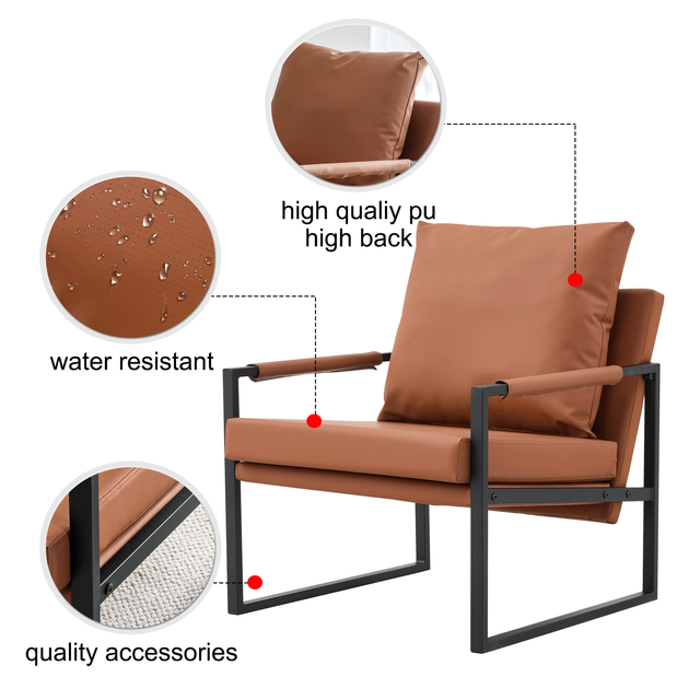 PU Leather Accent Arm Chair Mid Century Modern Upholstered Armchair with Metal Frame Extra-Thick Padded Backrest and Seat Cushion Sofa Chairs for Living Room ( Brown PU Leather + Metal Frame + Foam)