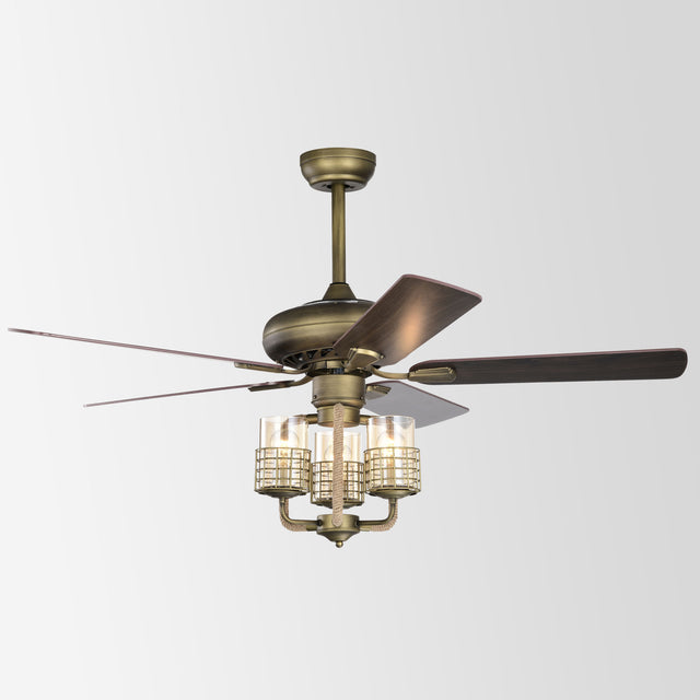 52inch Bronze Metal 3 Lights Ceiling Fan with 5 Wood Blades, Two-color fan blade, AC Motor, Remote Control, Reversible Airflow, Multi-Speed, Adjustable Height, Traditional Ceiling Fan