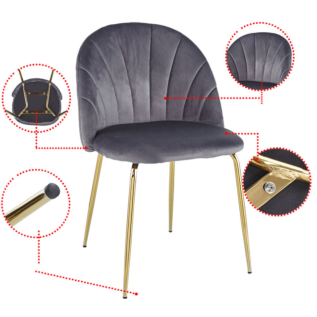 Modern  Grey  dining chair(set of 2 ) with iron tube golden legs, velvet cushions and comfortable backrest,(N.W 10.582 Ibs / 1piece ) suitable for dining room, living room, cafe, simple structure.