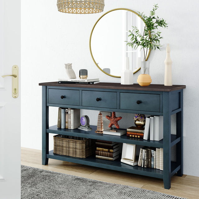 TREXM Retro Design Console Table with Two Open Shelves, Pine Solid Wood Frame and Legs for Living Room (Navy)