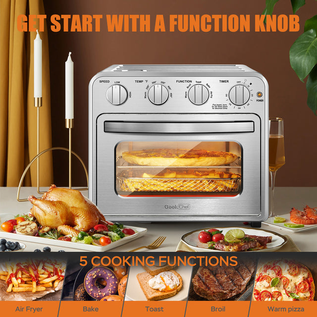 Geek Chef Air Fryer Toaster Oven Combo, 4 Slice Toaster Convection Air Fryer Oven Warm, Broil, Toast, Bake, Air Fry, Oil-Free, Accessories Included, Stainless Steel, Silver(16QT Air Fryer Oven) Ban on