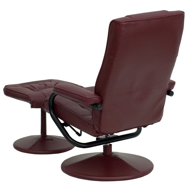 Contemporary Burgundy Leather Recliner and Ottoman with Leather Wrapped Base