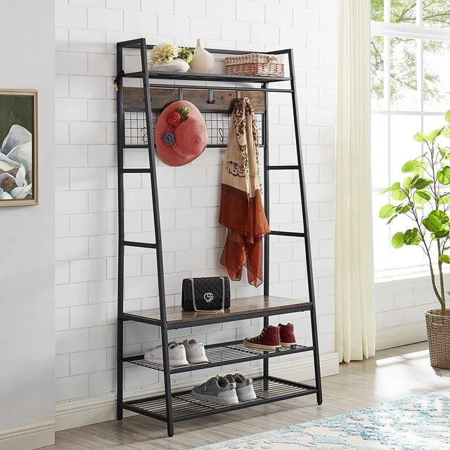 Coat Rack Entryway Organizer/ Hall Tree with Bench, Shoe Storage and Multiple Coat Hooks