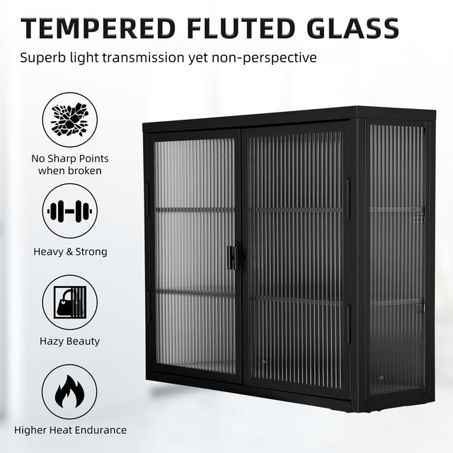 Retro Style  Haze Double Glass Door Wall Cabinet With Detachable Shelves for Office, Dining Room,Living Room, Kitchen and Bathroom Black