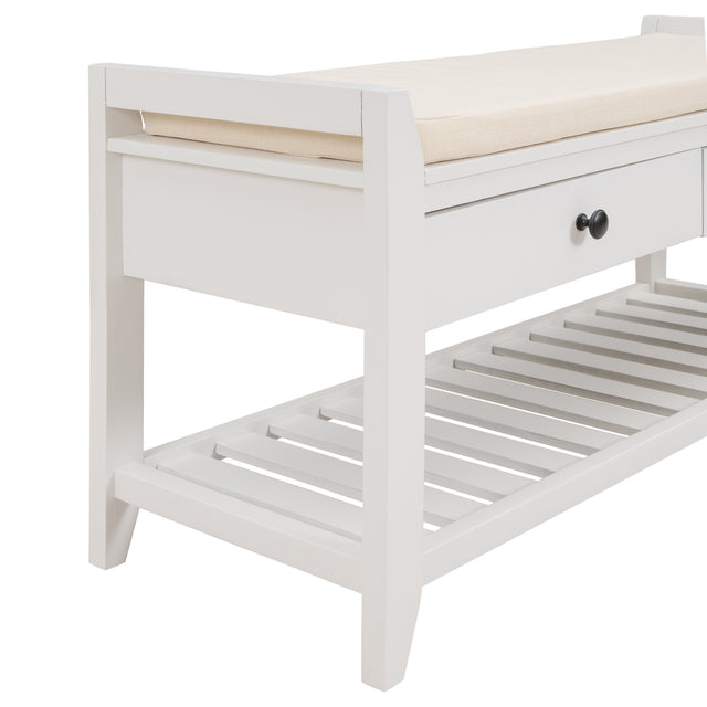 TREXM  Shoe Rack with Cushioned Seat and Drawers, Multipurpose Entryway Storage Bench (White)