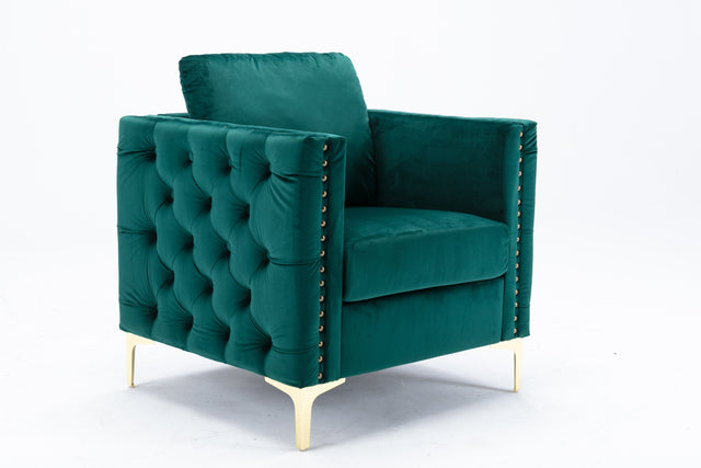 Modern Velvet Armchair Tufted Button Accent Chair Club Chair with Steel Legs for Living Room Bedroom，Green