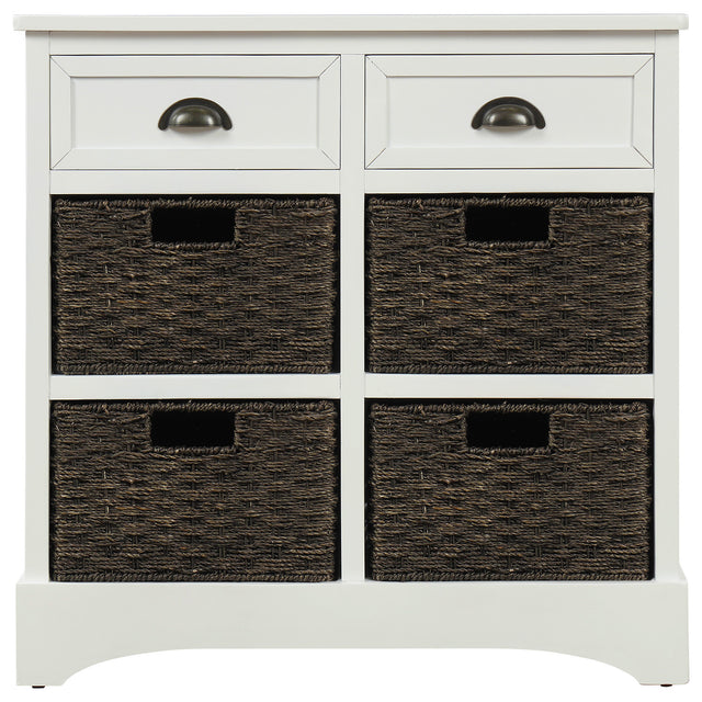 TREXM Rustic Storage Cabinet with Two Drawers and Four  Classic Rattan Basket for Dining Room/Living Room (White)