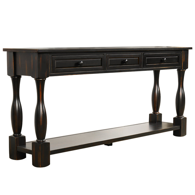 TREXM Console Table 64" Long Extra-thick Sofa Table with Drawers and Shelf for Entryway, Hallway, Living Room (Distressed Black)
