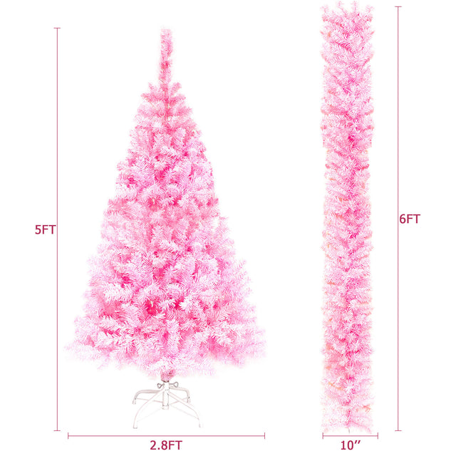 Pre-lit Artificial Christmas 2-Piece Set, Xmas Tree 5FT Pink Christmas Tree with 6 feet Garland X-mas