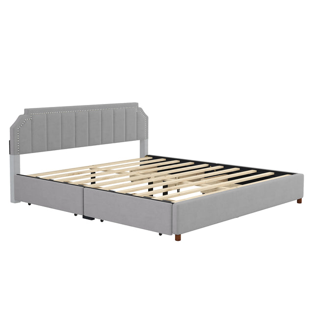 King Size Upholstery Platform Bed with Four Storage Drawers,Support Legs,Grey