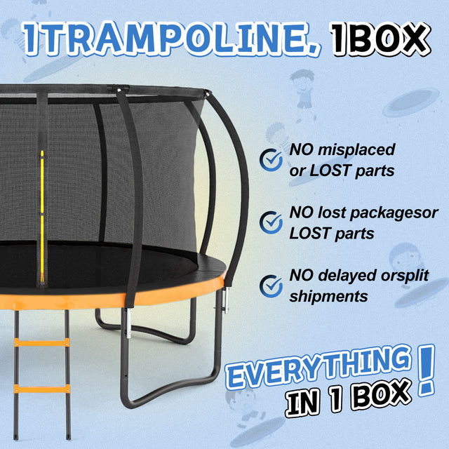 12FT Outdoor Big Trampoline With Inner Safety Enclosure Net, Ladder, PVC Spring Cover Padding, For Kids, Black&Orange Color