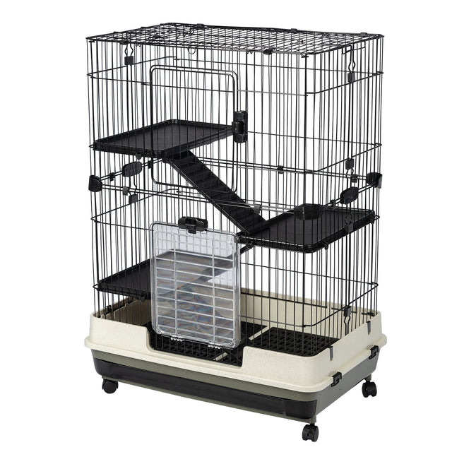 4-Tier 32"Small Animal Metal Cage Height Adjustable with Lockable Casters  Grilles Pull-out Tray for Rabbit Chinchilla Ferret Bunny Guinea Pig Squirrel Hedgehog(BLACK)(=OLD SKU:W69133214)