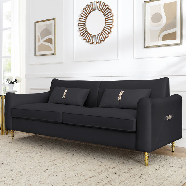 80.3" Modern Sofa Couch Upholstered Sofa Tufted Back Comfy Velvet Long Couch with 2 Pillows and Golden Legs for Living Room, Bedroom, Office, Apartment, Black