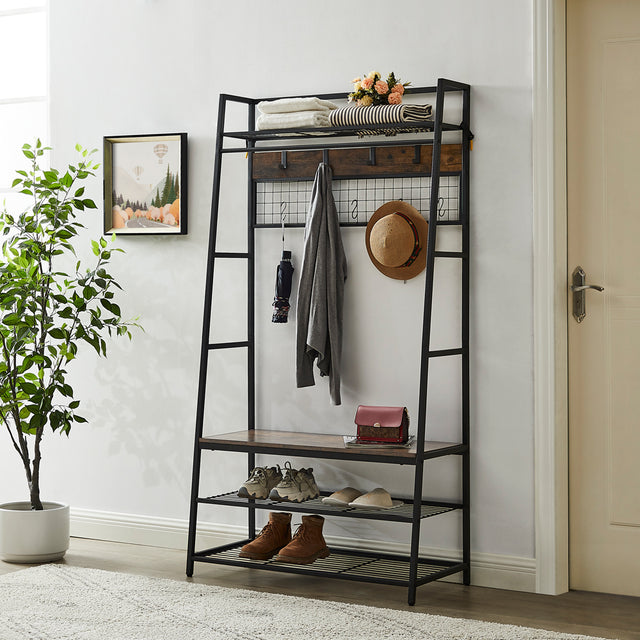 Coat Rack Entryway Organizer/ Hall Tree with Bench, Shoe Storage and Multiple Coat Hooks