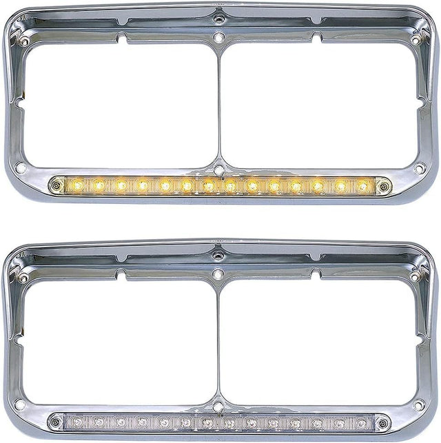 Chrome Plastic Dual Rectangular Headlight Bezel With Visor for Kenworth T400 T600 T800 W900B W900L Peterbilt 378 Western Star 4900 Trucks (Amber LED with Clear Lens)