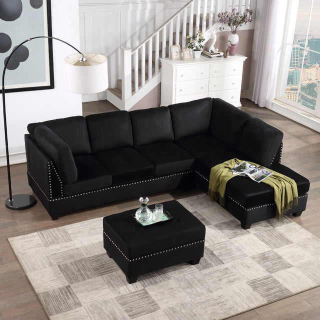 104.5" Reversible Sectional Sofa Space Saving with Storage Ottoman Rivet Ornament L-shape Couch for Small or Large Space Dorm Apartment,Black(旧SG000406AAA)