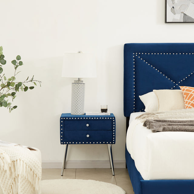 B109 Queen bed with one nightstand,Beautiful brass studs adorn the headboard, strong wooden slats + metal legs with Electroplate