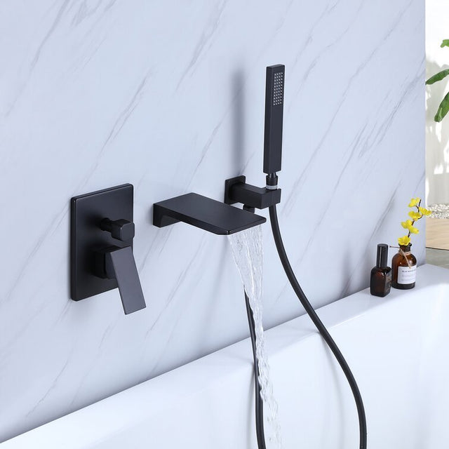 Bathtub Faucet Matte Black, Waterfall Wall Mount Tub Filler Faucet with Handheld Shower Brass, Waterfall Spout High Flow Wall Mount Tub Faucet
