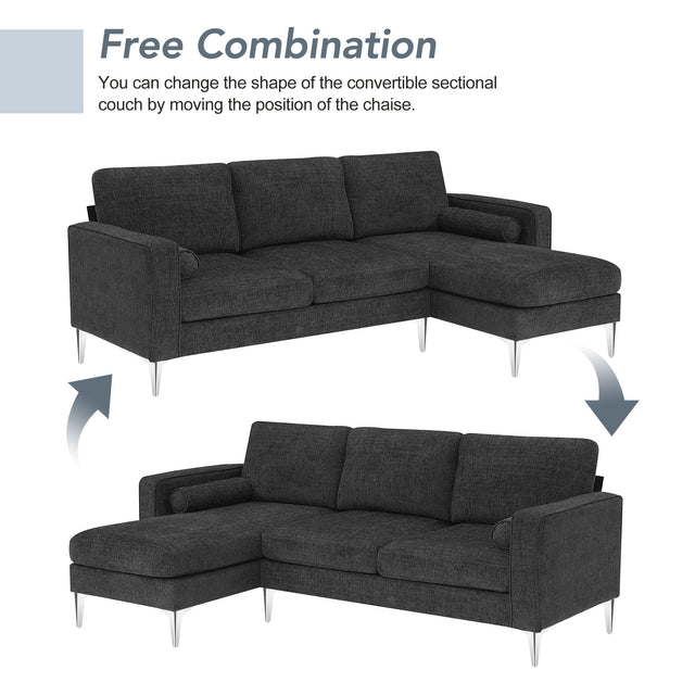 [VIDEO provided] [New]86" Convertible Sectional Sofa, Modern Chenille Fabric Sectional Sofa,  L-Shaped Couch 3-Seat Sofa Sectional with Reversible Chaise (2 Pillows)