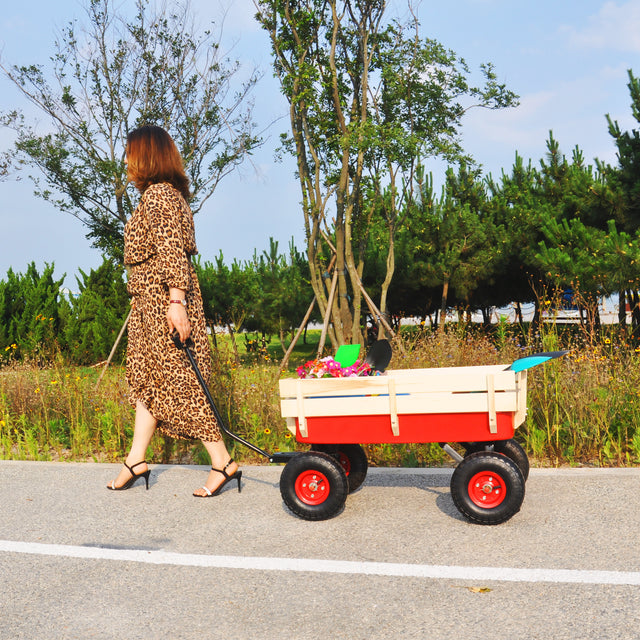 Outdoor Wagon All Terrain Pulling w/Wood Railing Air Tires Children Kid Garden（Red）
