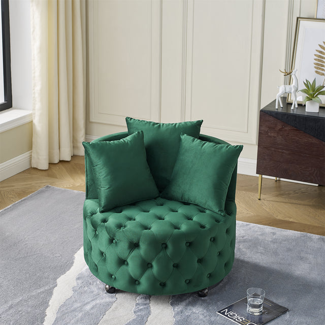 Velvet Upholstered Swivel Chair for Living Room, with Button Tufted Design and Movable Wheels, Including 3 Pillows, Green
