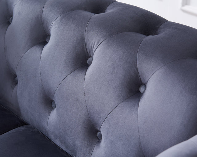 Loveseat  Living Room Sofa, with Button and Copper Nail on Arms and Back, Two White Villose Pillow, Velvet Grey (60"x34.5"x30")