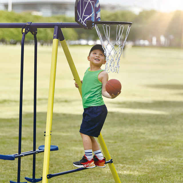 5 in 1 Outdoor Toddler Swing Set for Backyard, Playground Swing Sets with Steel Frame, Swing n' Slide Playset for Kids with Seesaw Swing, Basketball Hoop