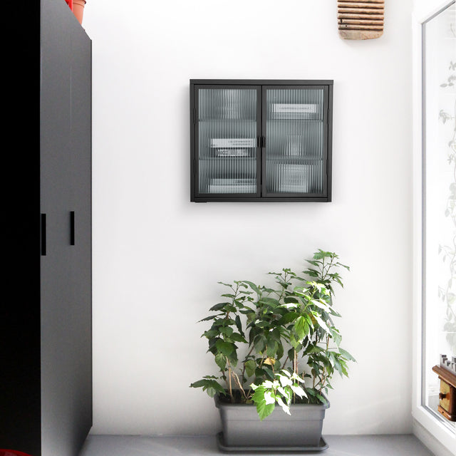 Retro Style  Haze Double Glass Door Wall Cabinet With Detachable Shelves for Office, Dining Room,Living Room, Kitchen and Bathroom Black