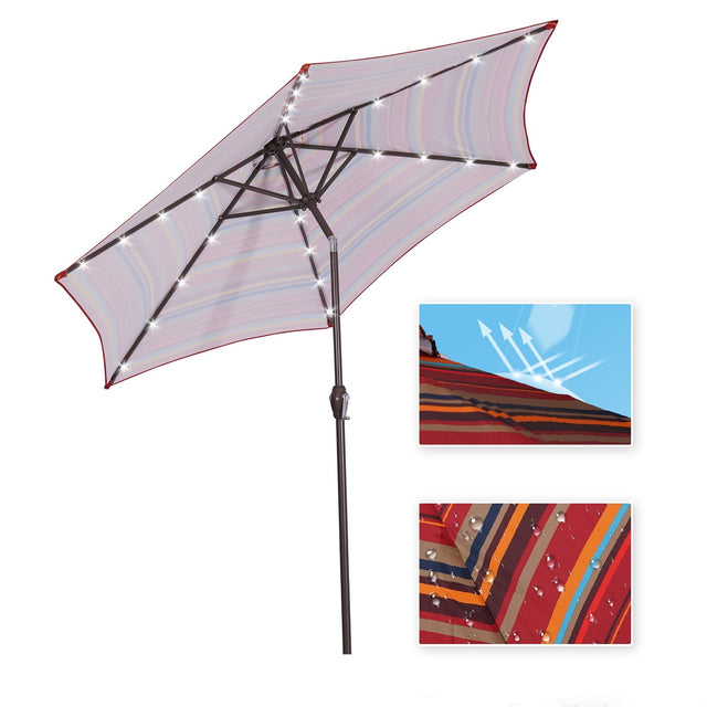 Outdoor Patio 8.7-Feet Market Table Umbrella with Push Button Tilt and Crank, Red Stripes With 24 LED Lights[Umbrella Base is not Included]