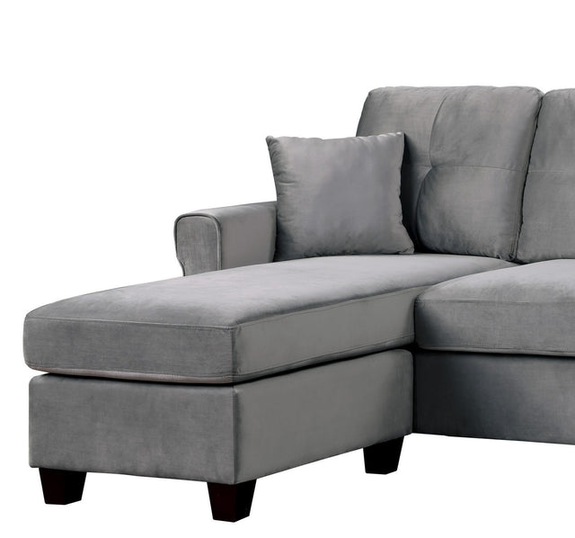 Reversible Configuration 1pc Sectional Sofa with 2 Pillows Gray Velvet Fabric Upholstered Tufted Back Living Room Furniture