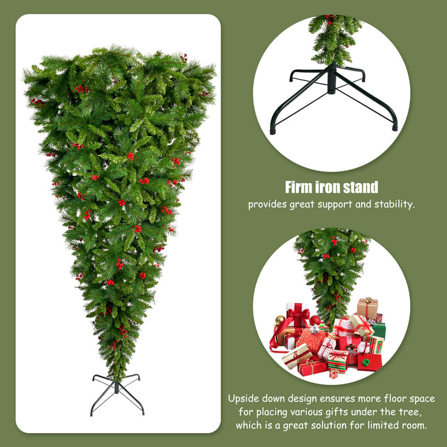 GO 7.4 ft Upside Down Green Christmas Tree Hinged Spruce Full Tree, 1500 branch tips, with Red Artificial Berries, PVC Pine Needles, Artificial Holiday Christmas Pine Tree for Home, Office, Party.