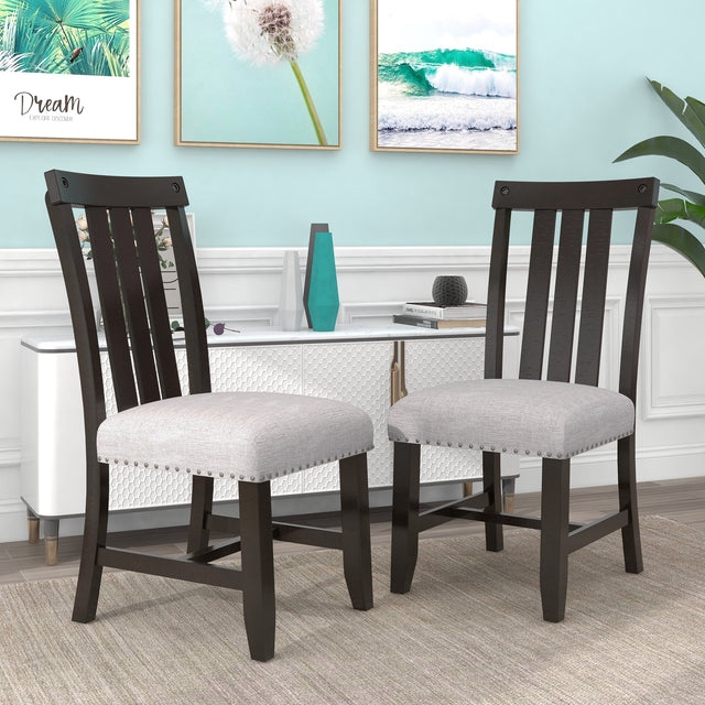TREXM Set of 2 Fabric Upholstered Dining Chairs with Sliver Nails and Solid Wood Legs (Espresso)
