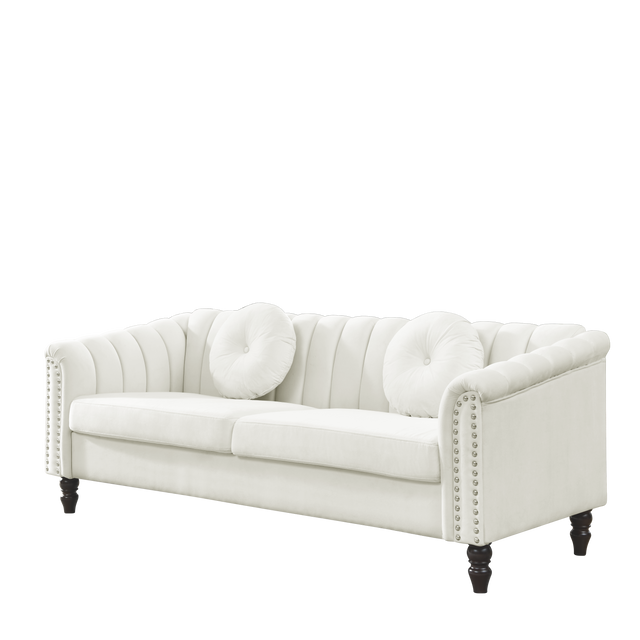 MH Modern Velvet Upholstered Sofa Couch, 3 Seat Tufted Back with Nail Arms with 2 pillows, Solid wood Legs, Sleeper Sofa for Living Room, Compact Living Space, Apartment, Bonus Room