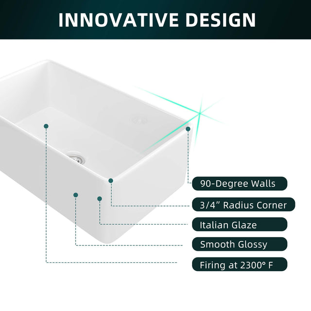 33  Inch Fireclay Farmhouse Kitchen Sink White Single Bowl Apron Front Kitchen Sink, Bottom Grid and Kitchen Sink Drain Included