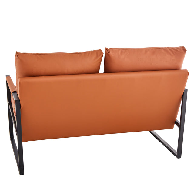 Modern Two-Seater Sofa Chair with 2 Pillows - PU Leather, High-Density Foam, Black Coated Metal Frame.Brown