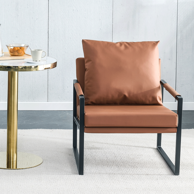 PU Leather Accent Arm Chair Mid Century Modern Upholstered Armchair with Metal Frame Extra-Thick Padded Backrest and Seat Cushion Sofa Chairs for Living Room ( Brown PU Leather + Metal Frame + Foam)