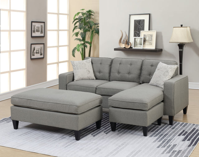 Reversible 3pc Sectional Sofa Set Light Grey Tufted Polyfiber Wood Legs Chaise Sofa Ottoman Pillows Cushion Couch